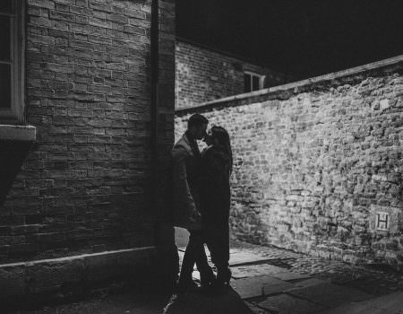 Backlit kissing shot on the streets of Oakham