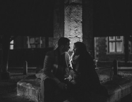 Black and white backlit engagement photo