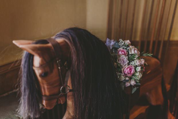 Leicester home wedding flowers on a rocking horse