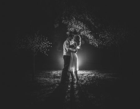 bride and groom night time portrait
