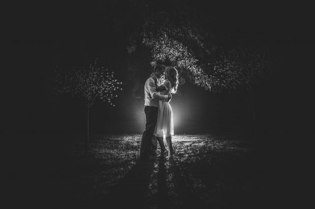 bride and groom night time portrait